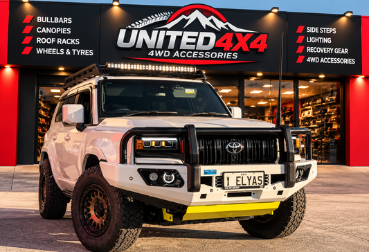 United4x4 - Premium Deluxe Steel Winch Bar + Bash Plate + Fog Lights + Indicators to Suit Toyota Prado 250 Series (2024-Current)